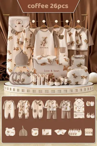 Комплект одежды для новорожденных из 20-26 предметов с милым медведем, одежда из 100% чистого хлопка для маленьких мальчиков и девочек, костюм, подарок для новорожденных, подарок для будущей мамы без коробки