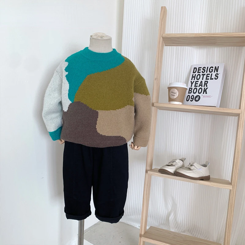 

Осень 2022, новая детская одежда, Детский свитер в Корейском стиле ретро, Модный пуловер для мальчиков, вязаная одежда, эксклюзивная одежда, простой стиль