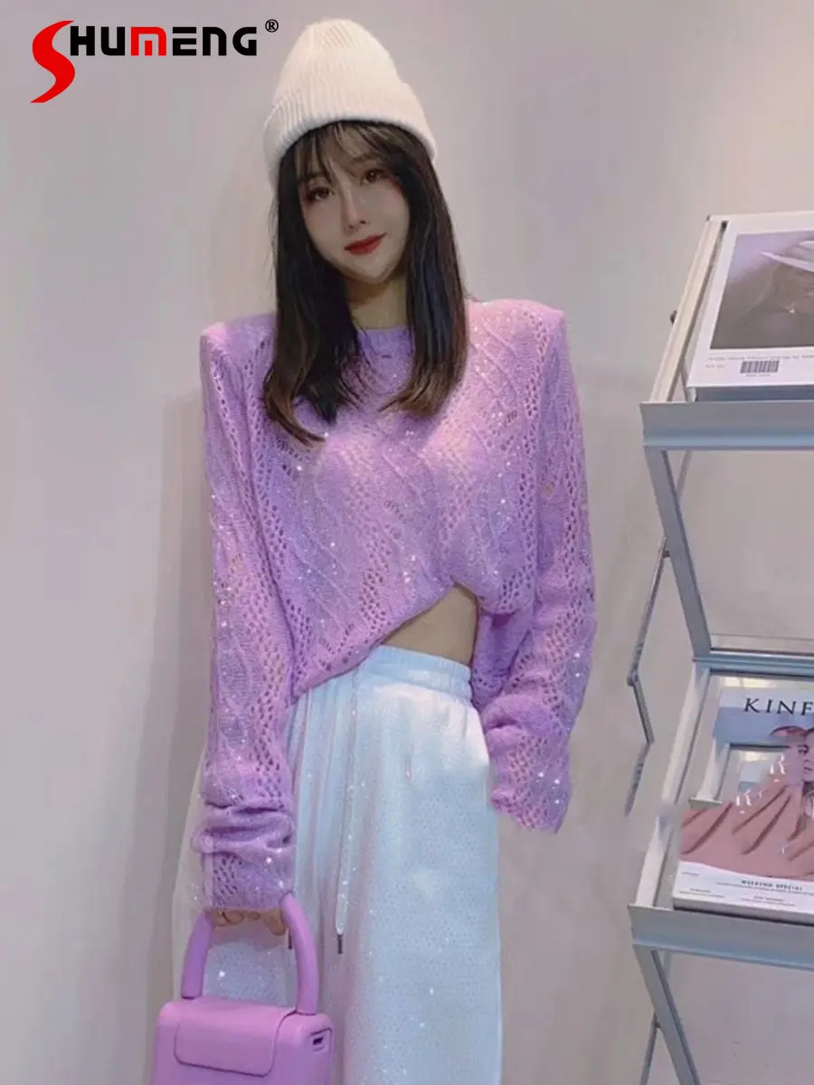 

Spring Autumn New Fashion Heavy Industry Sweater Long Sleeve Mohair Top Women's Solid Color Short Bottoming Shirt Pullover