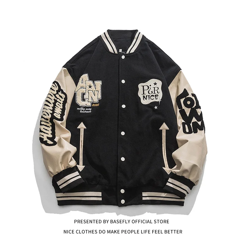 

Хлопковая мужская бейсбольная куртка-бомбер с вышивкой, из ПУ кожи