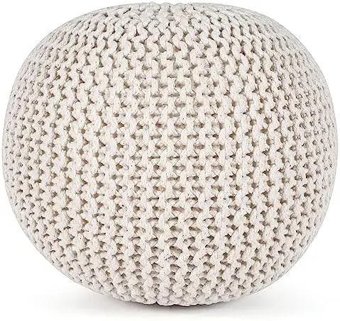 Cotton Round Pouf Ottoman-Hand Knitted Cable Boho Poof (20u201Dx20u201Dx14u201D - Ivory) Home Décor Pouffe Accent Chair Circ