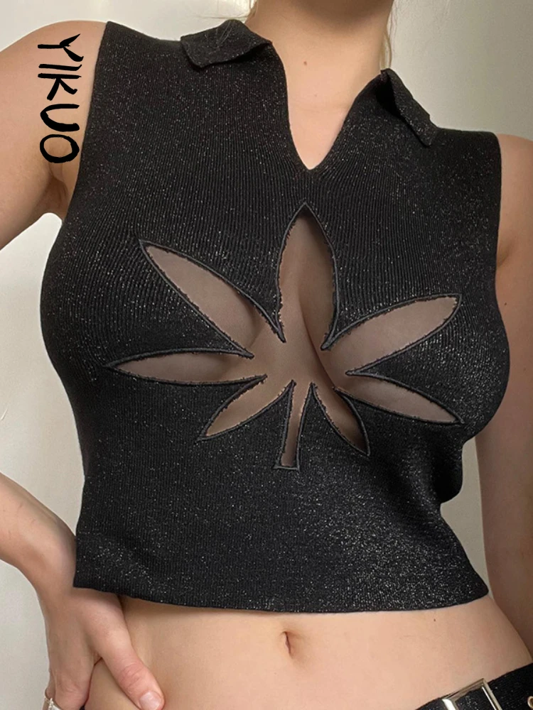 

YIKUO Women Fashion Sleeveless See Through Streetwear Black Tank Tops Camis 2022 Summer Clothes Wholesale Items For Business