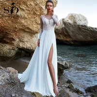 sodigne beach white wedding dress scoop neck long sleeve high side slit illusion bridal gown custom made