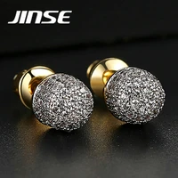 jinse luxury full paved rhinstone clear stud earrings for men women iced out zircon round earrings brincos rock hip hop jewelry