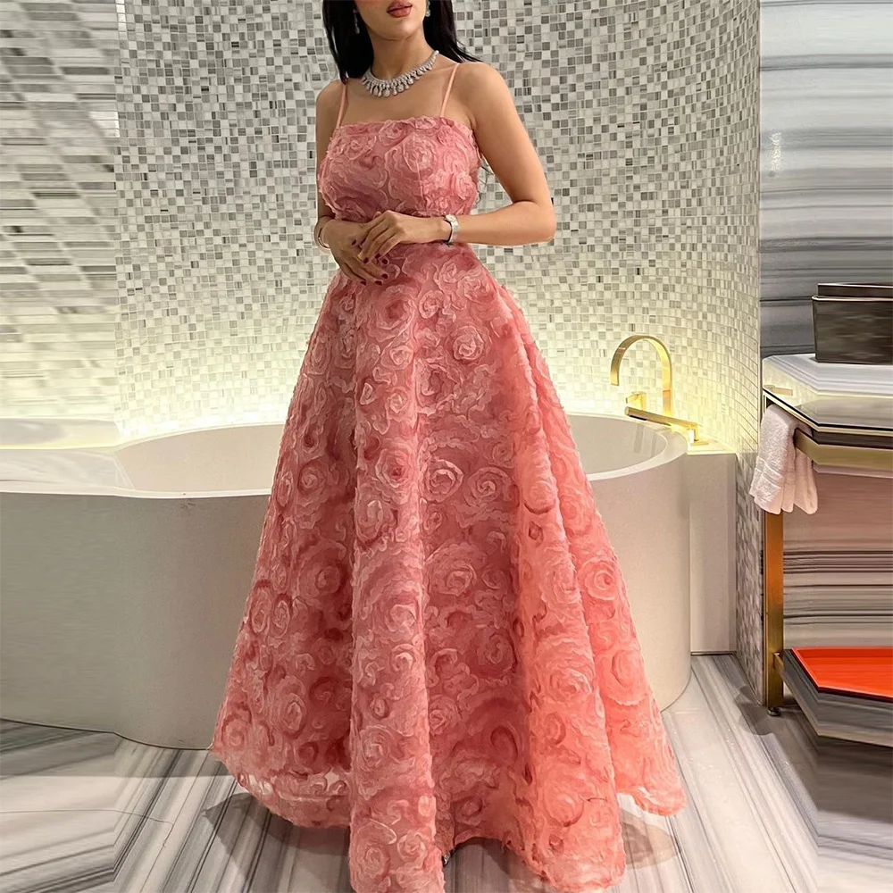

Sevintage Pink 3D Flowers Floral Tulle Prom Dresses Spaghetti Straps Sleeveless A-Line Saudi Arabic Evening Gowns Formal Gown