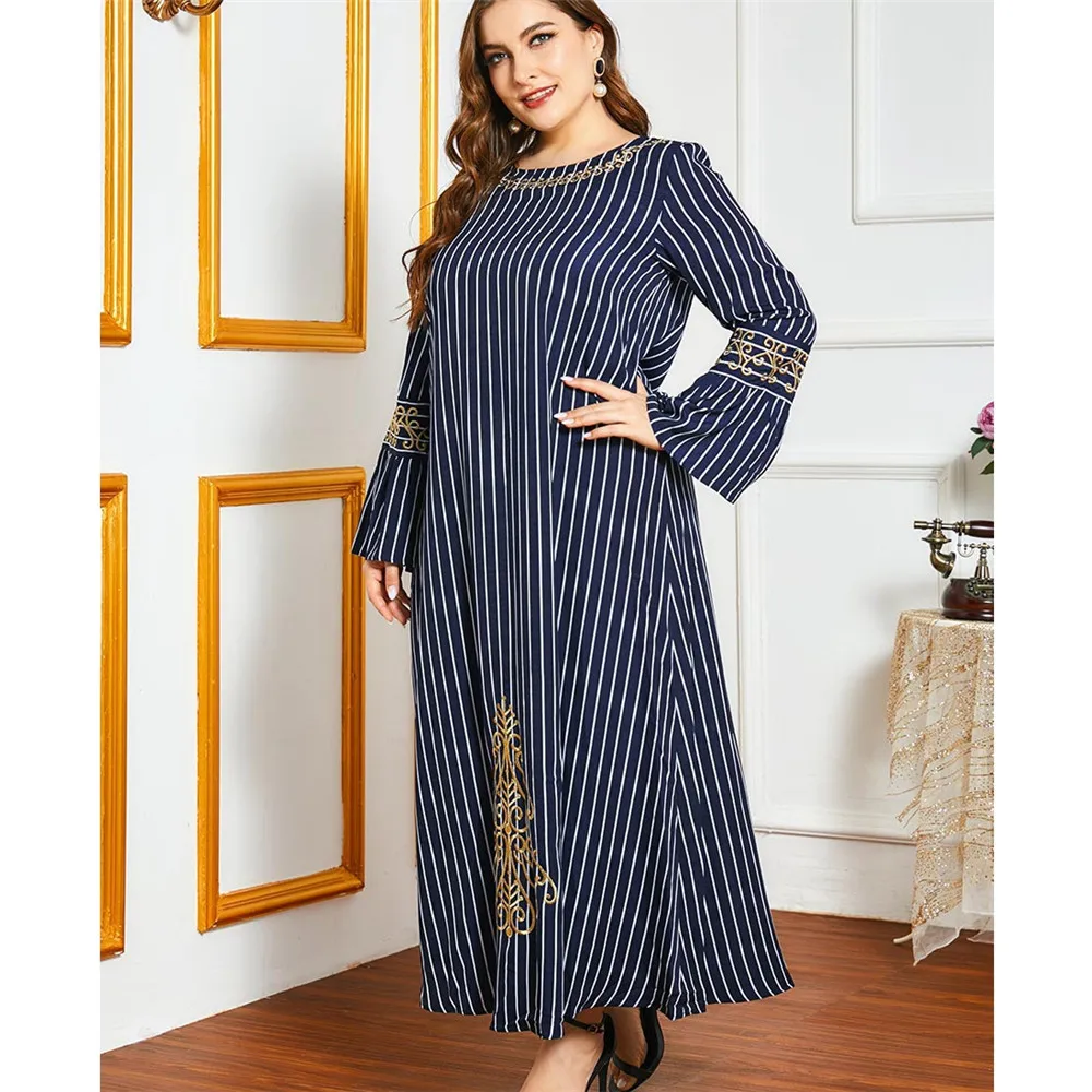 

Dress Muslim Fashion Striped Gold Thread Embroidery Long Flared Elegant Casual Dress Abaya Dubai Arab Middle East Ethnic Style