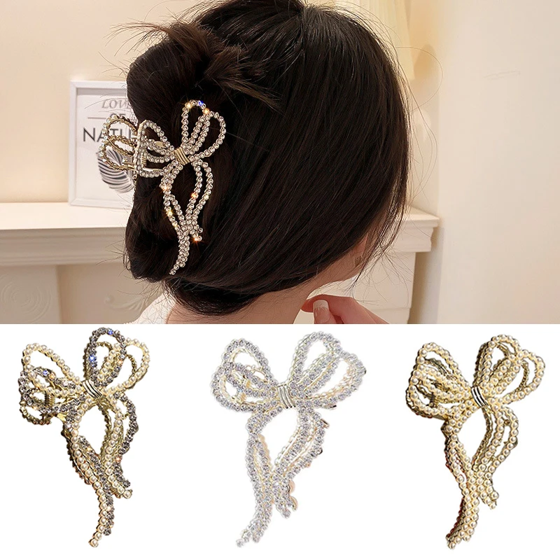 

Spring New Diamond Studded Pearl Bow Hairpin Fashion Texture Back Head Grab Clip Hair Accessories High-End Shark Clip Headwear