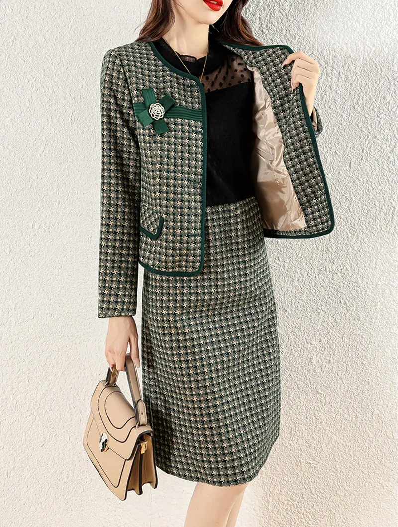 

Autumn Winter Elegant 2 Piece Sets Womens Korean Plaid Suits Long Sleeve Coat + High Waist A-line Mini Skirt Sets