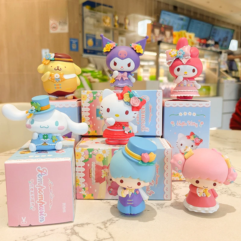 

Sanrio flower season series ornaments Kuromi My melody Kawaii Cinnamoroll Kitty bright box hand-made blind box children's toys