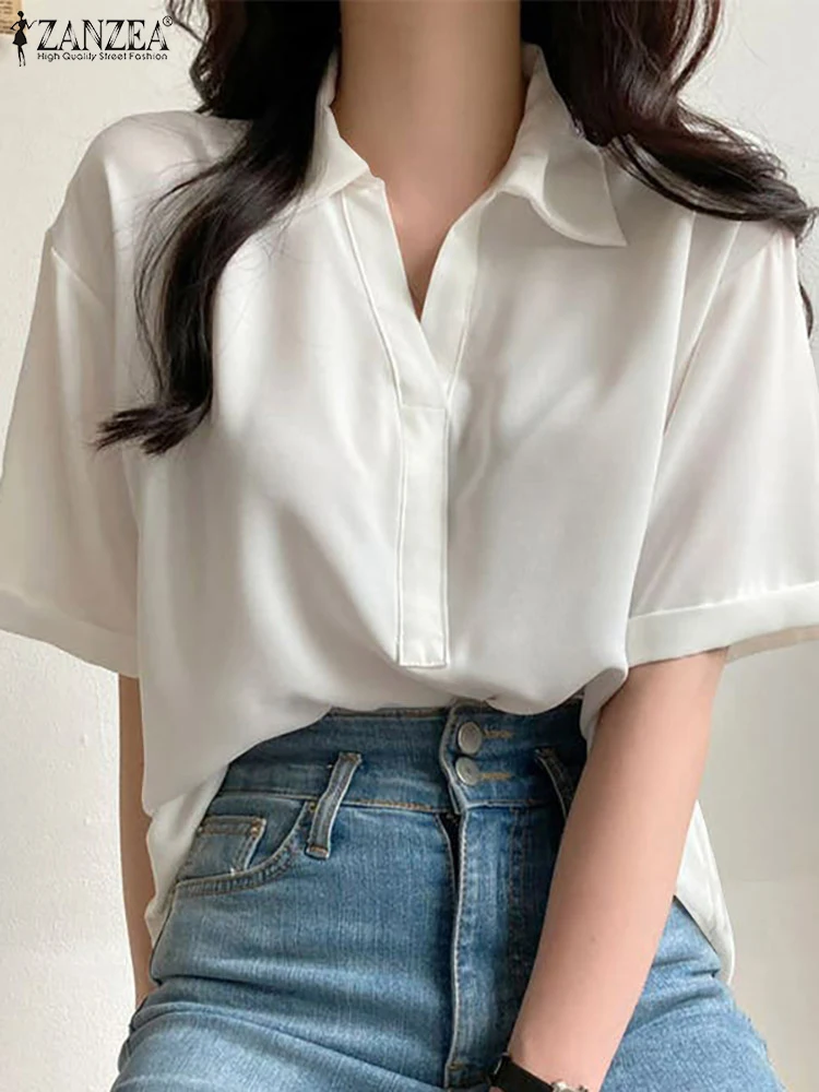 

Модные рубашки ZANZEA с коротким рукавом, Женские однотонные пуловеры с отложным воротником, Пляжная Праздничная блузка, блузки большого разм...