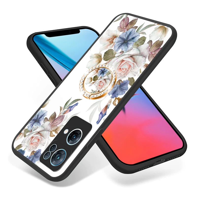 Retro flowers Glass Case For Oppo Reno 8 7 6 5 K 4 3 Pro Plus Lite Z 5G 5F Diamond Ring bracket Phone Cover Fashionable Funda