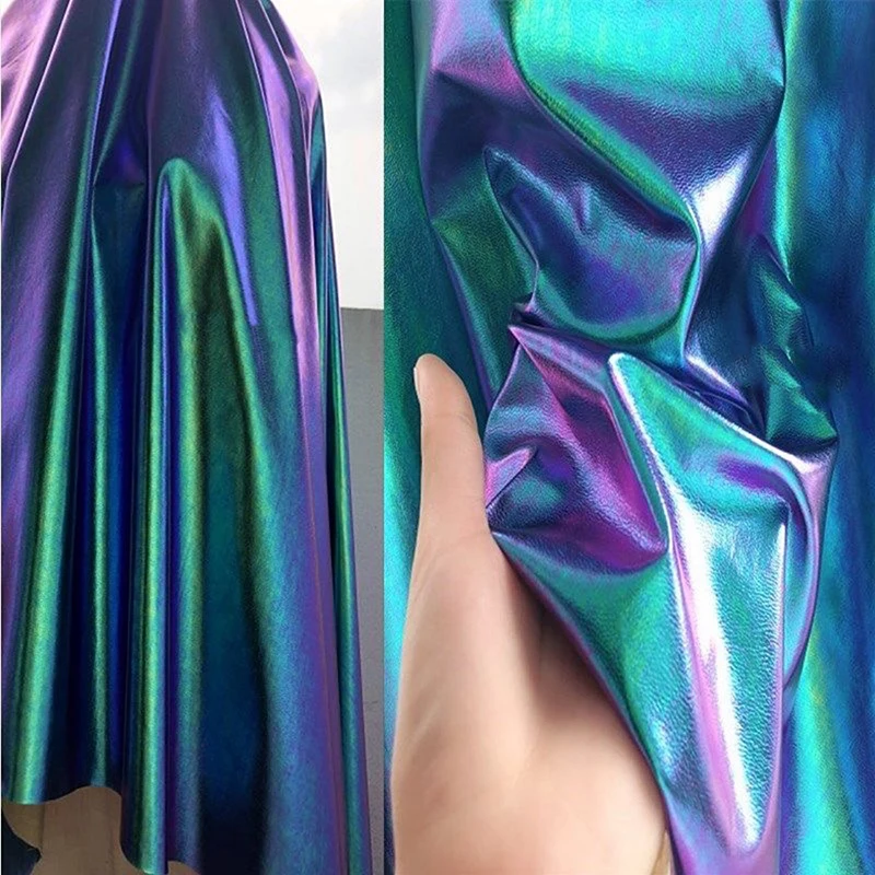 

Phantom Blue-green Gradient Color Pu Coated Fabric Bright Mirror Fluorescent Clothing Waterproof Design Pvc Leather Fabric