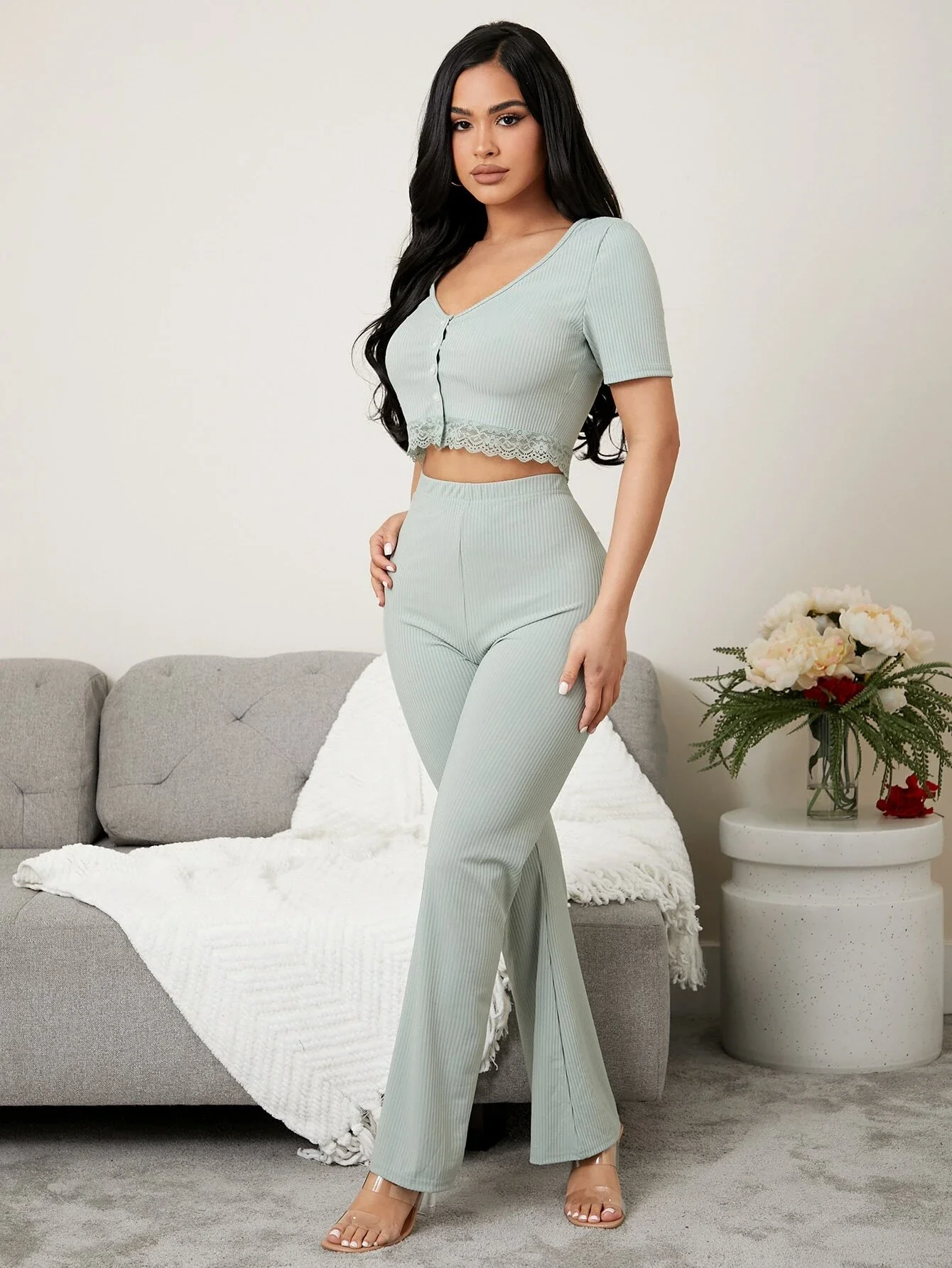 

New Contrast Lace Scallop Trim Lounge Set Trousers and pajamas