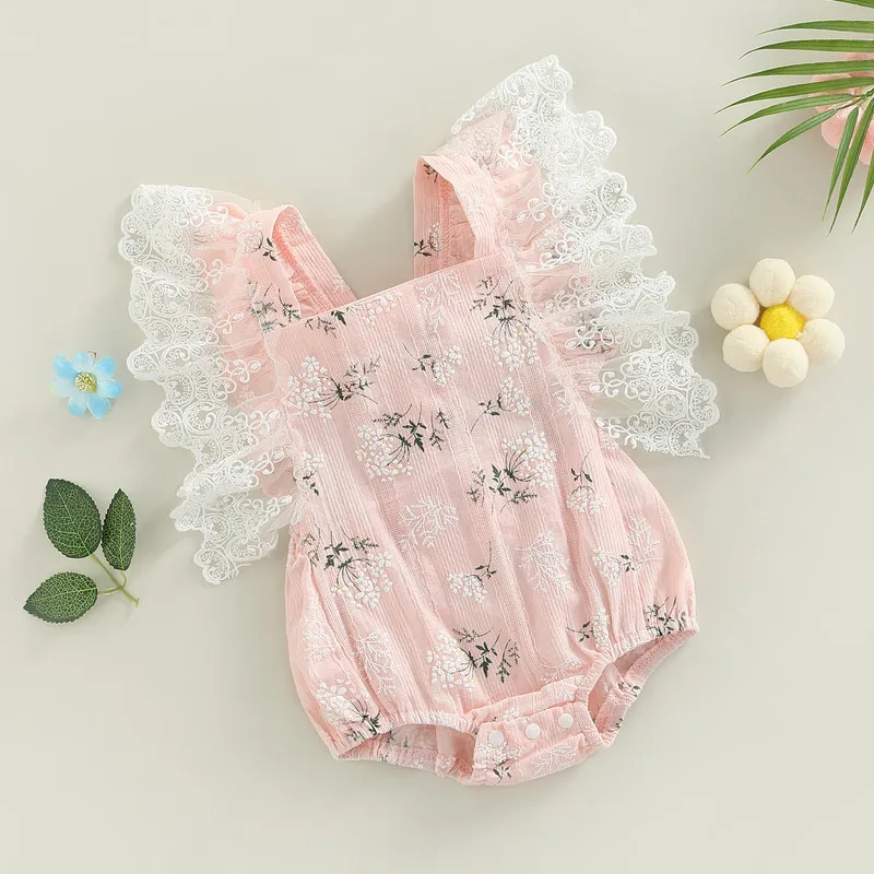 

Newborn Baby Girls Bodysuit Summer Clothes 2023 Casual Lace Flying Sleeve Floral Jumpsuit for Kids Baby Items Things