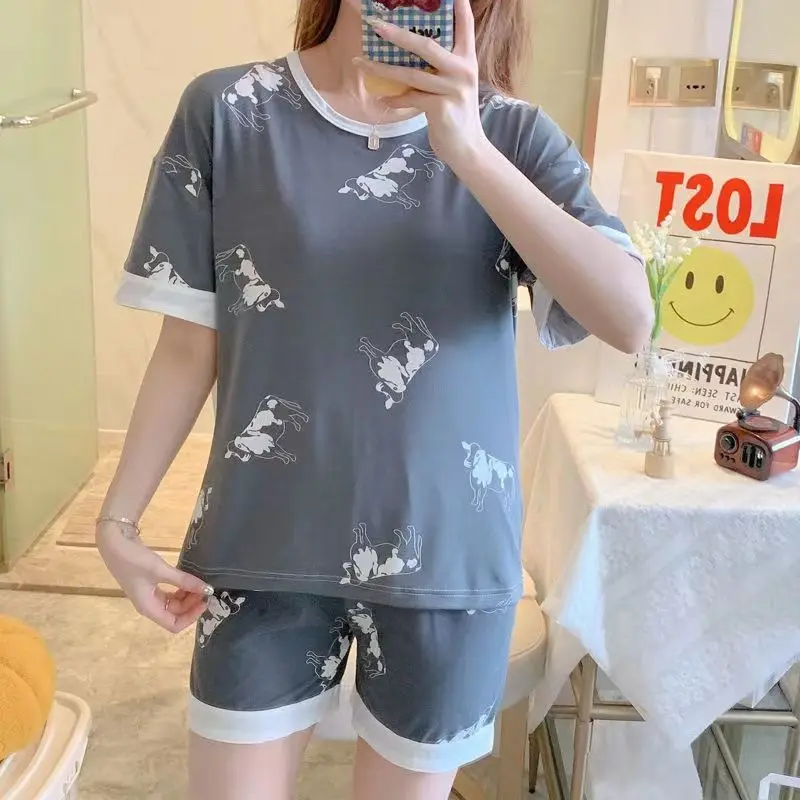 Pajamas Women's Summer Short Sleeve New Student Two Piece Set Large Size Cute Cartoon Thin Style Outwear Home Furnishing
