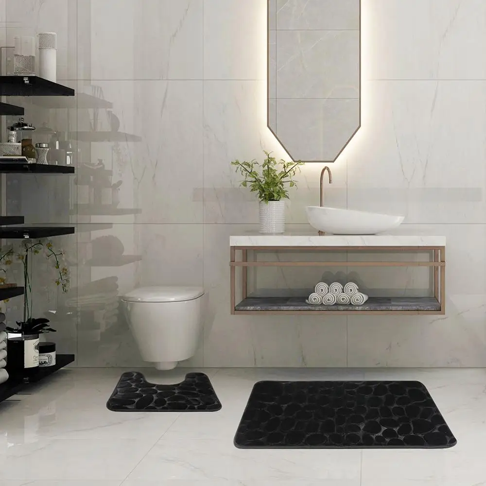 50x80cm cobblestone fleece bathroom memory foam rug kit toilet bath non slip mats floor carpet set mattress for bathroom decor free global shipping