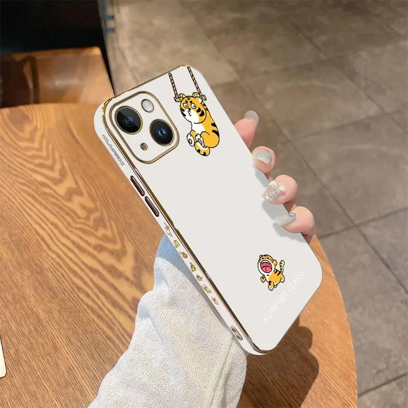 Naughty Little Tiger Luxury Plating Phone Case For iPhone 14 13 12 11 Plus Pro Max Mini X XR XS SE2020 8 7 6 6S Plus Cover