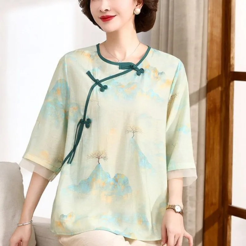 Женская свободная рубашка в китайском стиле Элегантная блузка с круглым вырезом