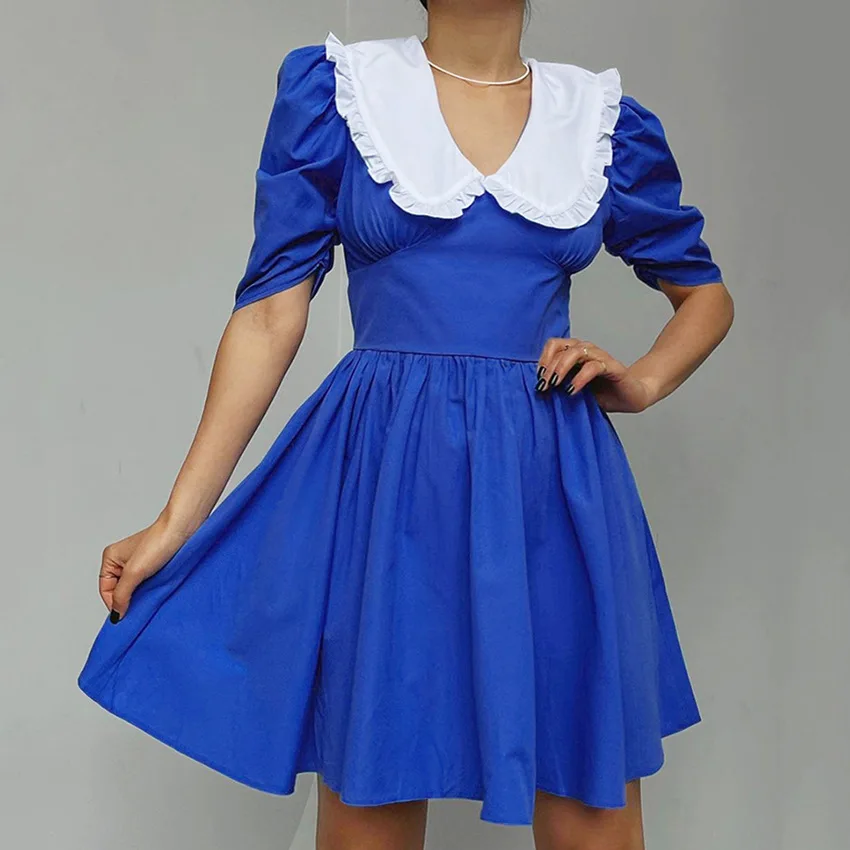 

Summer New Dresses Doll Collar High Waist Short Sleeve Puff Sleeve Dress Women's Korean Version Casual Sexy Retro A-line Skirt