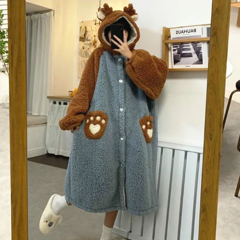 

Женская пижама утепленная теплая ночная рубашка плюс бархатный халат для сна осень и зима Милая домашняя одежда для сна средней длины модна...