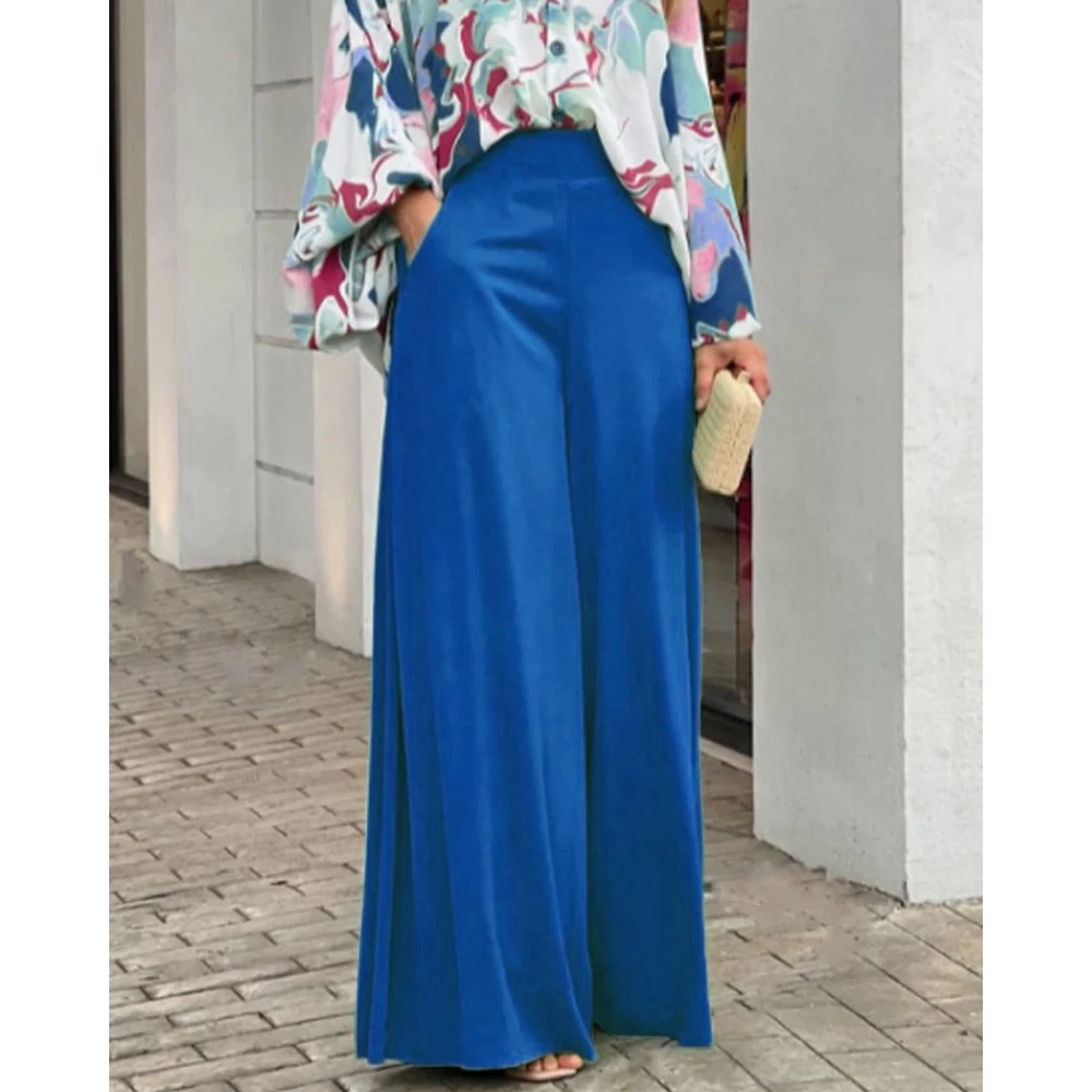 Summer Women Floral Print Long Sleeve Shirt Top & High Waist Wide Leg Pants Set Casual Oversized Two Pieces Outfits Sets Woman