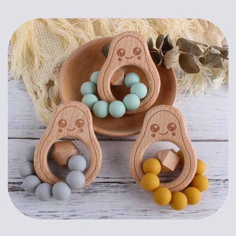 

Baby Beech Wood Avocado Bracelet Teether Infants BPA Free Silicone Beads Teether A2UB