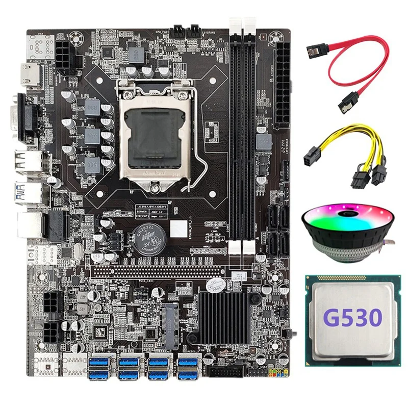 B75 BTC Mining Motherboard+SATA Cable+G530 CPU+6Pin To Dual 8Pin Cable+RGB Cooling Fan LGA1155 8XPCIE USB DDR3 Bitcoin