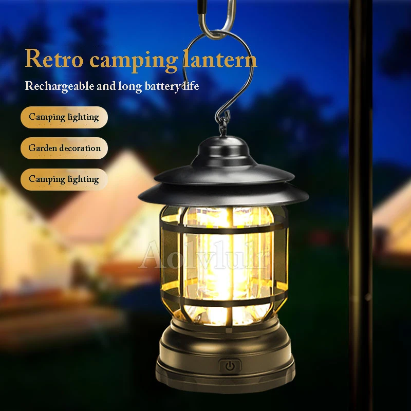 

Retro COB Camping Tent Lamp Portable Lantern USB Rechargeable LED Home Decor Light Travel 3*AAA Outdoor Emergency Working Light