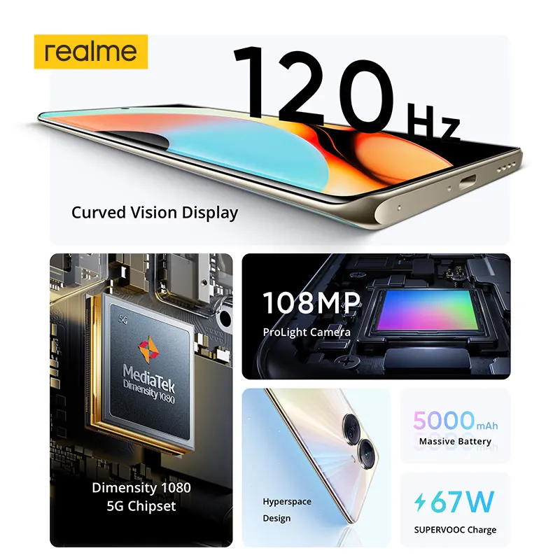 realme 10 Pro Plus 5G Cellphone 108MP Camera Dimensity 1080 Android Smartphone 6.7'' 120Hz AMOLED Curved Vision Display  67W