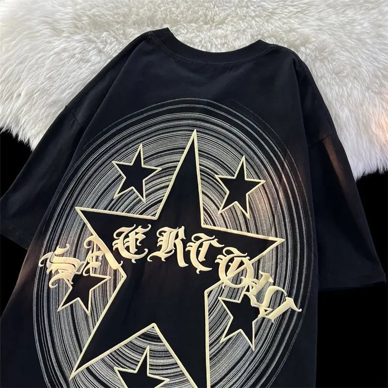 

American Retro Pentagon Star Cotton Short Sleeved T-shirts for Men and Women Loose Street Fashion Brand Chic Oversize Top