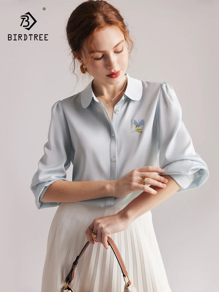 

Birdtree 19 мм 90% шелк тутового шелкопряда 10% спандекс женские рубашки пышные рукава шикарные блузки 2023 весна лето офисный женский топ T37981QC