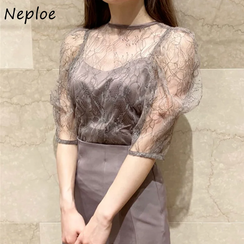 

Neploe Japanese Sweet Blusas Fall 2022 New Design Women Blouses Lace Embroidered Puff Sleeve Single Breasted Shirts with Camis