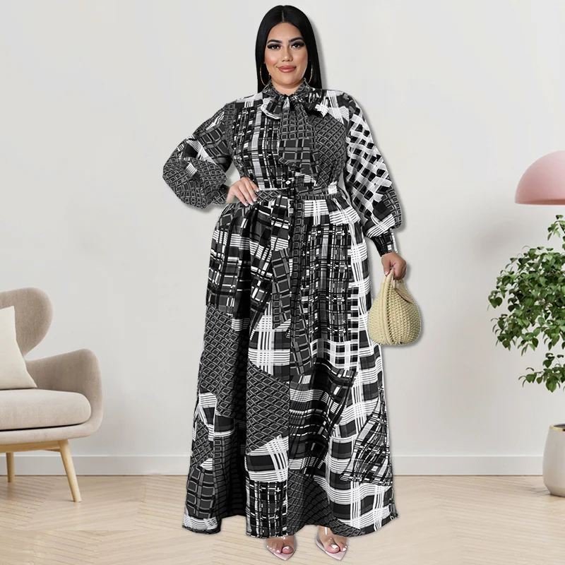 Plus Size Women's Dresses Fashion Casual Long Sleeve Digital Print Dress Elegant Bow Tie A-line Dresses For Large Size Female