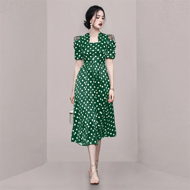 

Женское винтажное платье в горошек, зеленое Повседневное платье с квадратным вырезом, пышными рукавами и принтом, модель F319 на лето