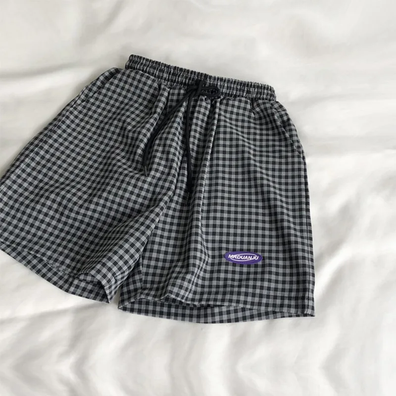 Black Plaid Shorts For Women 2022 Summer Women Casual Elastic Waist Female Shorts