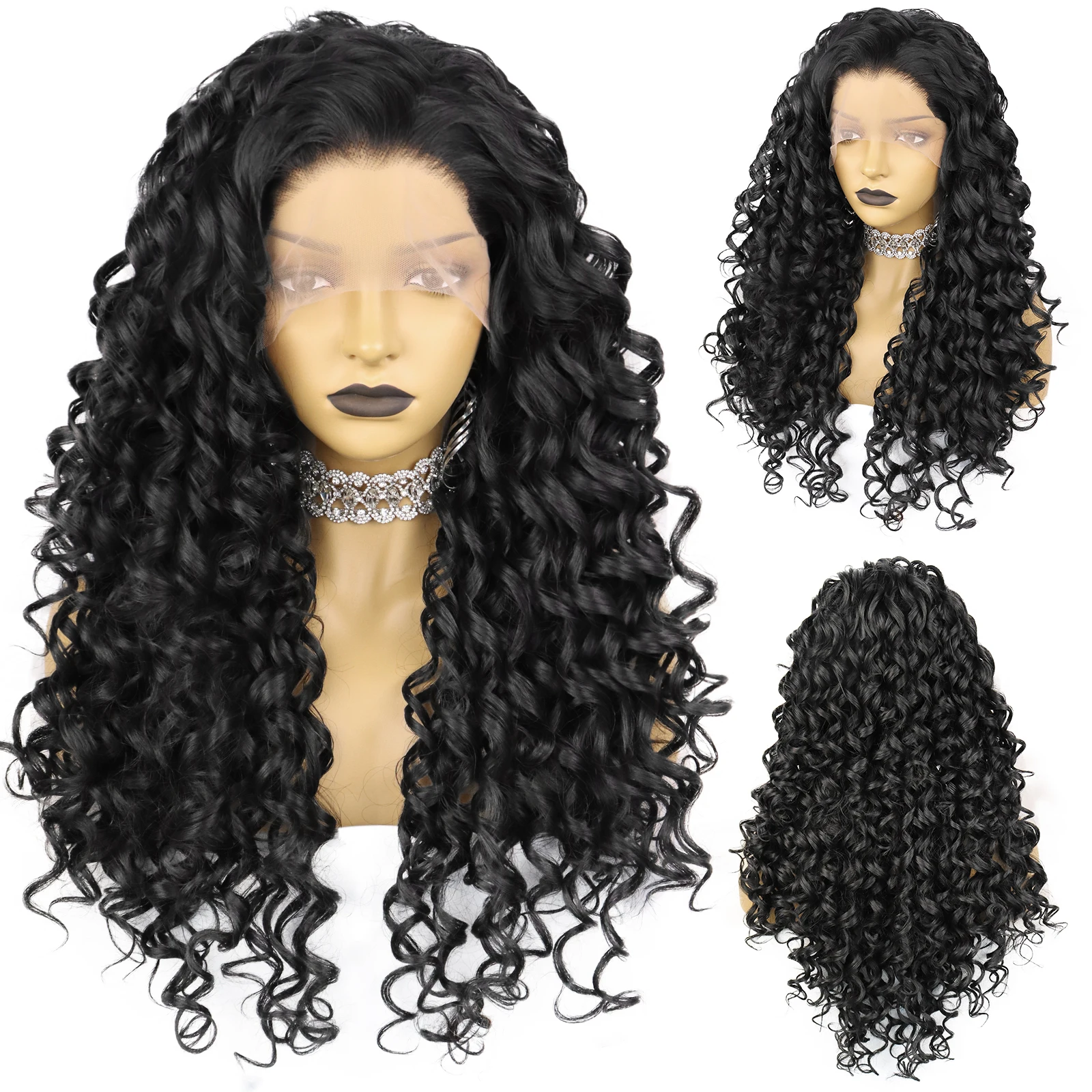 ANOGOL Synthetic 13x2.5 Lace Front Wig Free Part Black Afro Long Kinky Hair Curly Heat Resistant Fiber Wigs for Women Brazilian