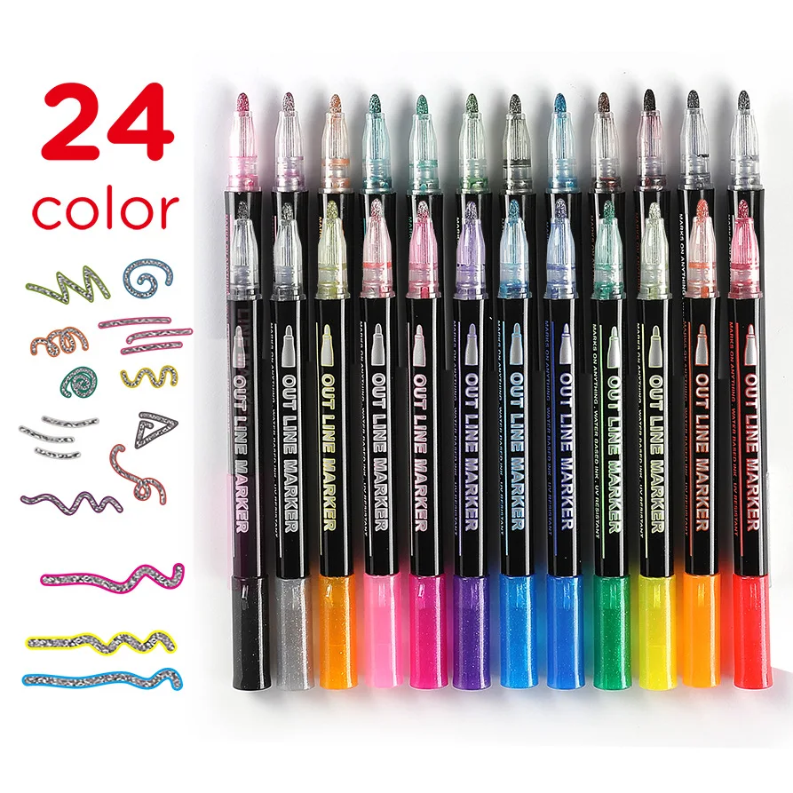

12/24 Colors Double Line Outline Art Pen Marker Pen DIY Graffiti Outline Marker Pen Highlighter for Scrapbook Diary Poster Card