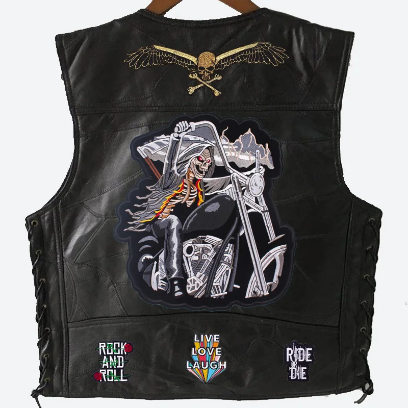 

2022 мужской кожаный жилет с вышивкой, модная мотоциклетная и байкерская куртка без рукавов, локомотивный жилет в стиле ретро панк из овечьей ...