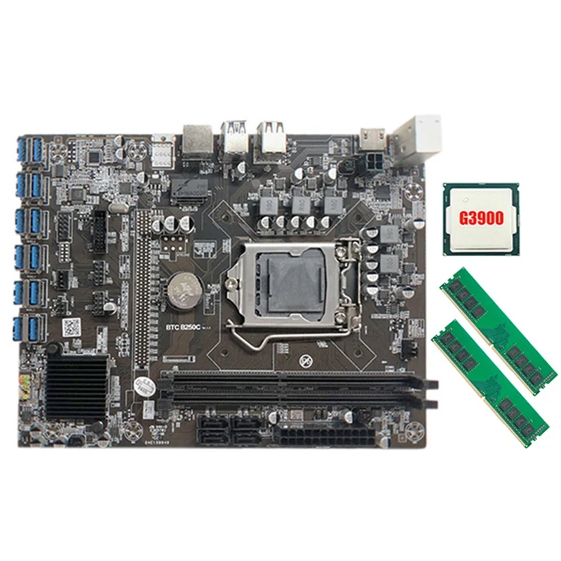 

B250C Mining Motherboard With G3900 CPU+2XDDR4 4G 2666Mhz RAM 12XPCIE To USB3.0 Card Slot Board For BTC