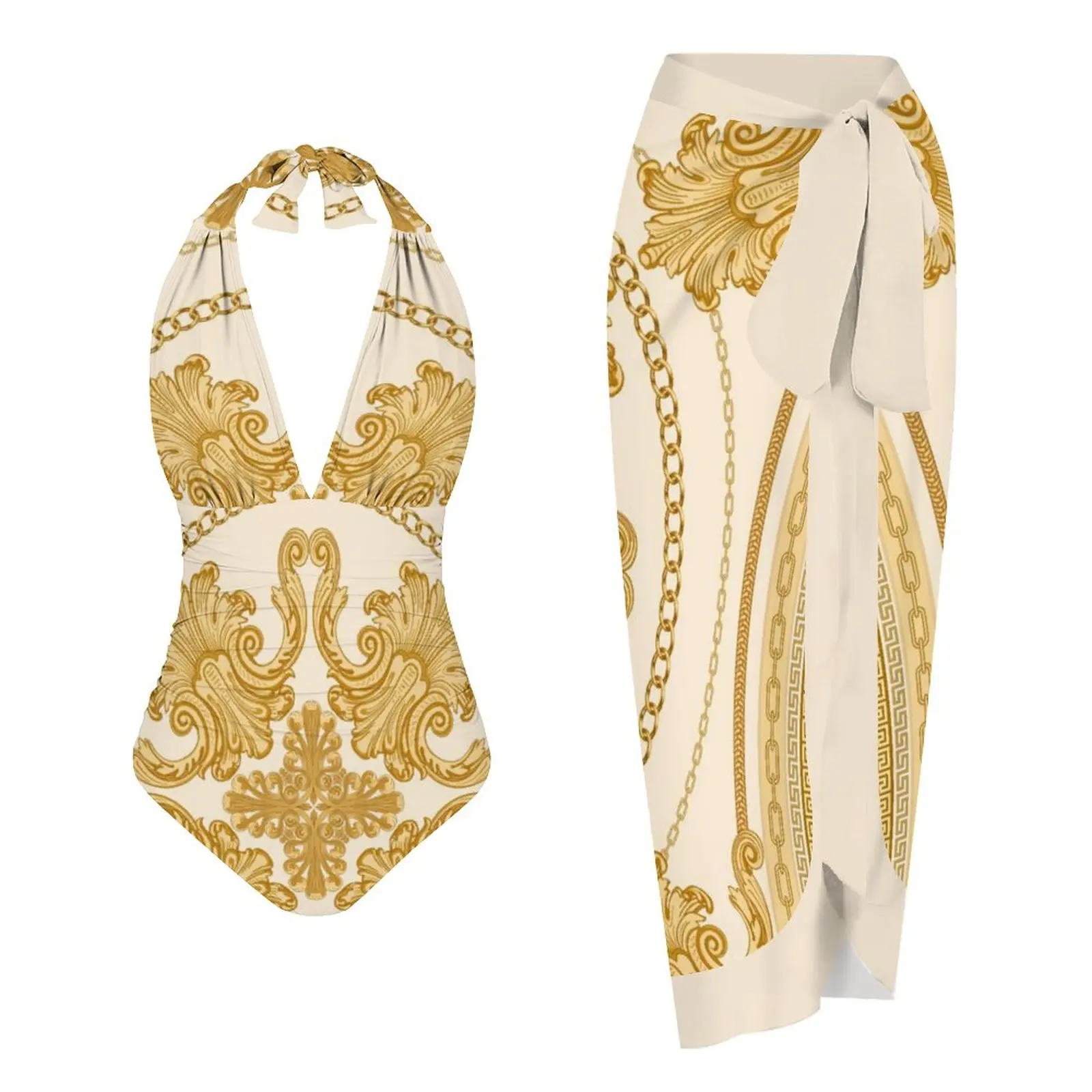 

Gold Chain Print Bikini Deep V-Neck Swimsuit Women'S Summer 2023 Luxury Beachwear Low Waist Halter Sexy Two-Piece Set