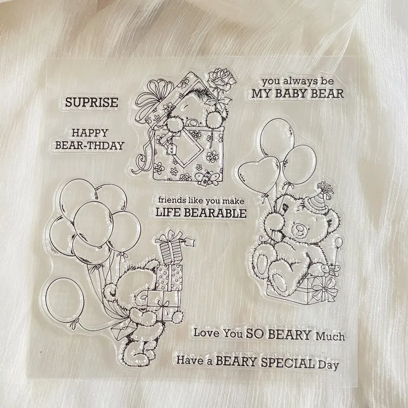 Прозрачный силиконовый штамп с милым медведем для оформления дня рождения