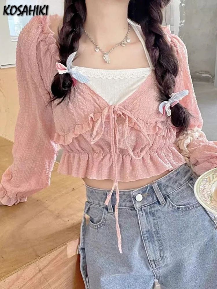 

Повседневная Весенняя блузка из двух частей, женские японские гофрированные укороченные топы, универсальные бандажные блузки Aweet контрастных цветов