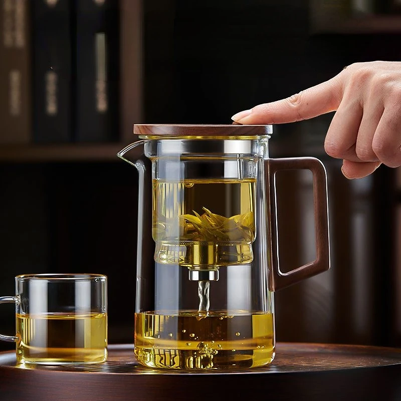 

Элегантная чашка из грецкого ореха, полностью стеклянный чайник, чайница с фильтром, вкладыш для разделения чая, чайный набор, высококачест...