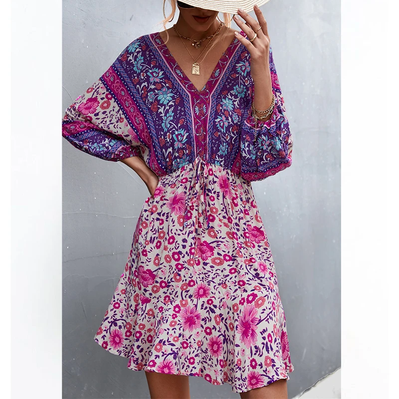

Vintage Floral Print Dress for Women Summer Dresses 2022 New Sexy Casual Loose Sweet V-Neck Lace-up High-Rise A-line Mini Dress