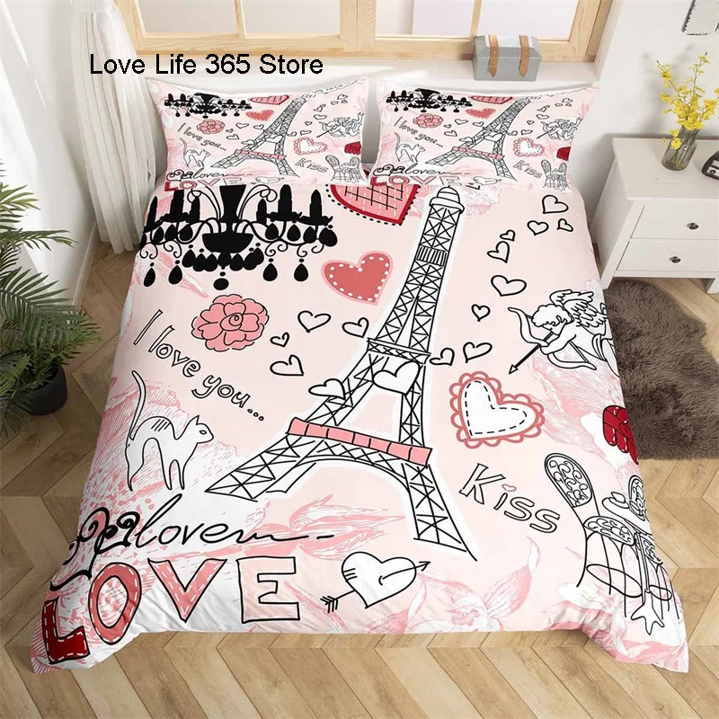 

Eiffel Tower Duvet Cover King Romantic Paris Bedding Set Microfiber Cherry Blossom Butterfly Animal Comforter For Girl