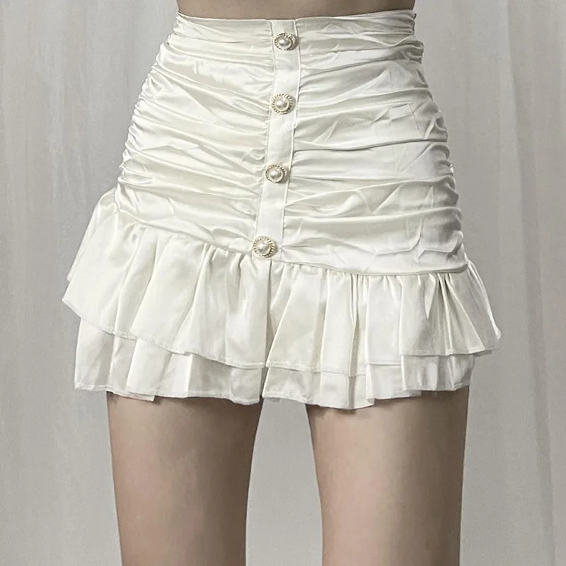 

Female Summer 2023 New High-waist Folds Thin Satin Sexy Hip Skirt 2023 new Elegant and Fashionable Pearl Buckle Lotus Leaf Skirt