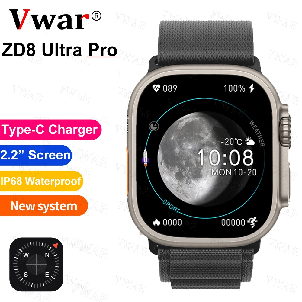 

VWAR ZD8 Ultra Pro Smart Watch Series 8 Titanium Alloy Compass Men Bluetooth Call Wireless Charging IP68 Smartwatch Z8 Max Plus