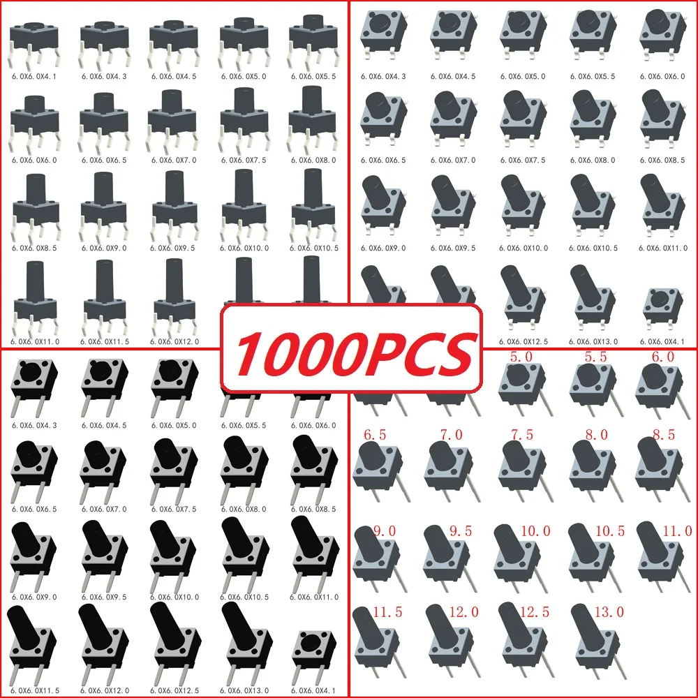 

1000PCS 6X6X4.1/4.3/4.5/5/5.5/6/6.5/7/7.5/8/8.5/9/9.5/10/10.5/11/11.5/12/12.5/13mm DIP SMT 4Pin 2Pin Tactile Push Button Switch
