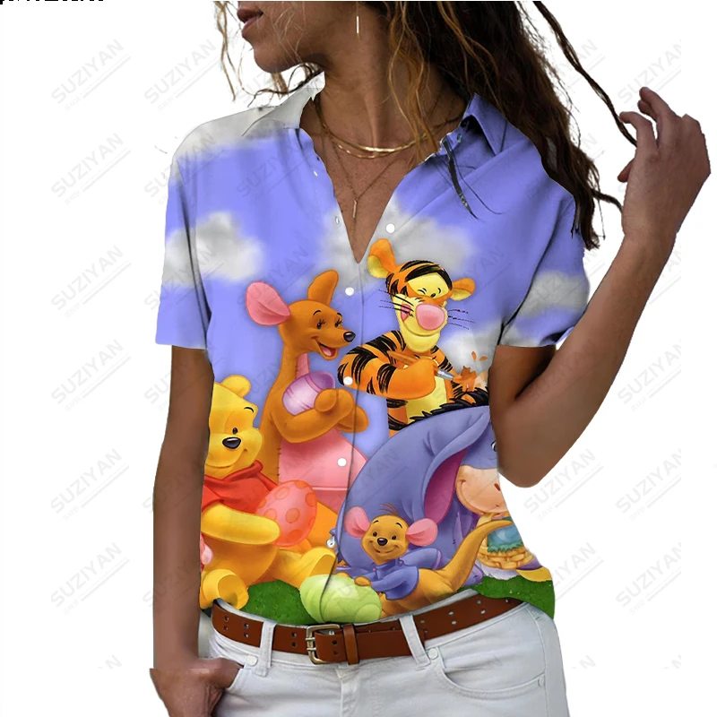

2023 New Disney Harajuku Slim Fit 3D Printing Women's Button Loose Short Sleeve Polo Neck Casual Cute Shirt Plus Size Vinny Bear