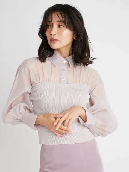 

Snidel Spring and Summer Japanese New Sweet Turn-down Collar See-through Lantern Sleeve Knitted Stitching Shirt Top